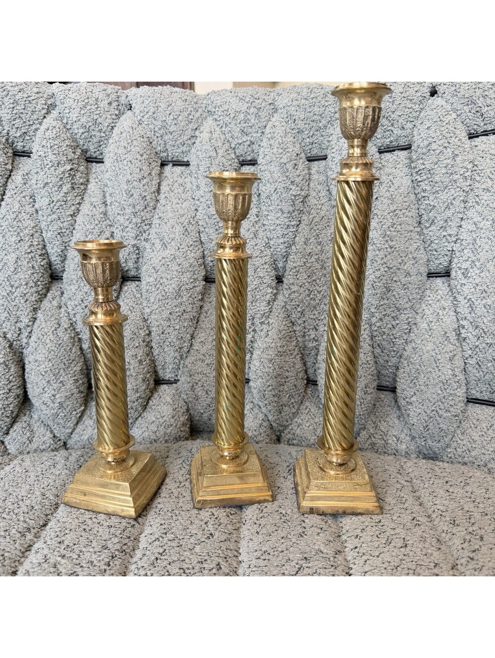 VINTAGE SET OF 3 Lacquered Brass CANDLE STICKS HOLDERS 12” 10”8.5”